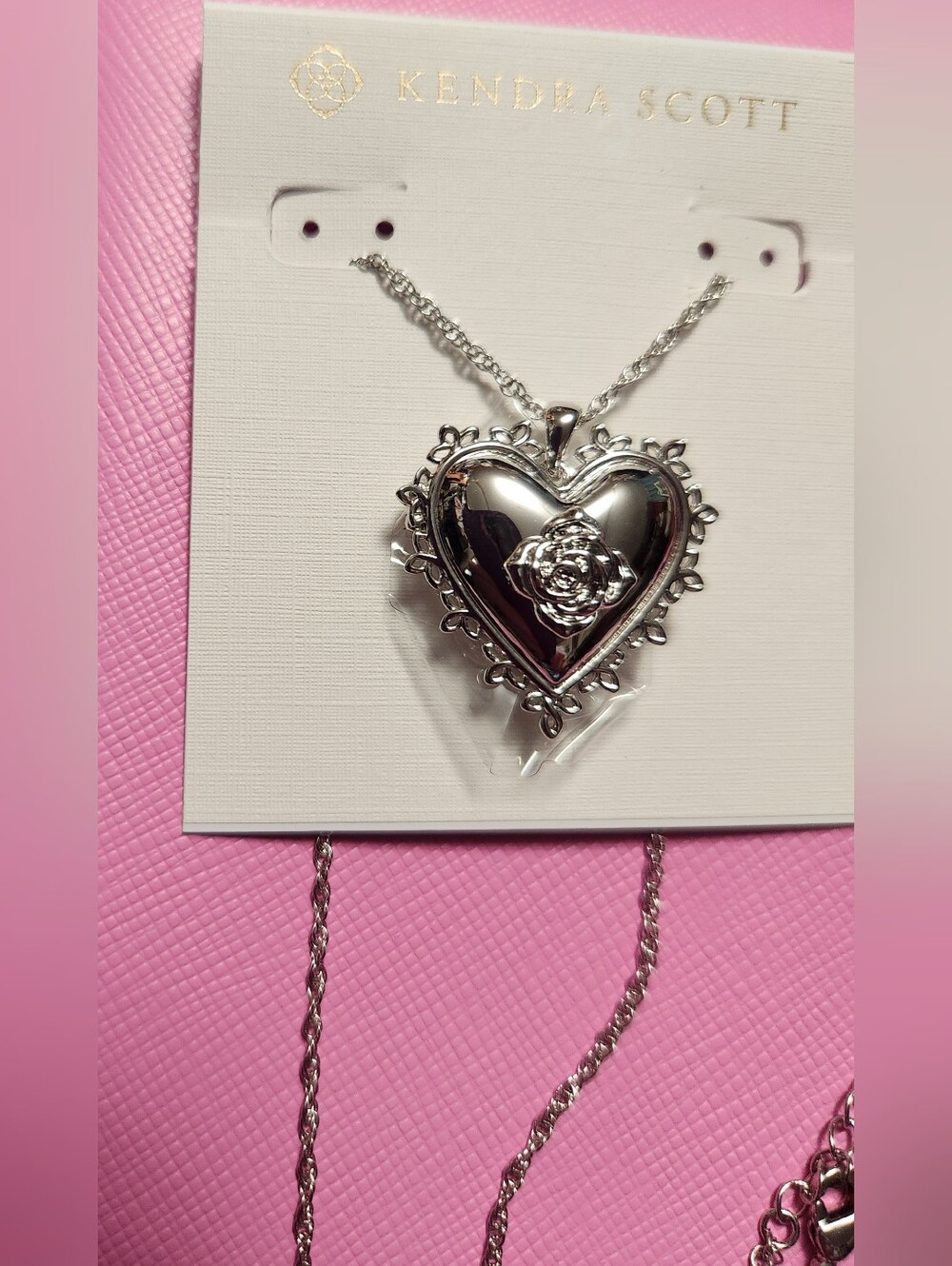 KENDRA SCOTT, HEART WITH ROSE LOCKET NECKLACE, NEW, SILVER TONE